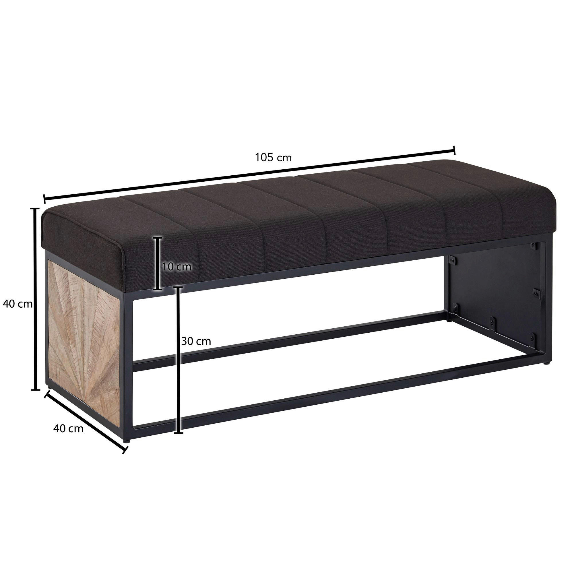 Wohnling Sitzbank dunkelbraun schwarz natur Stoff Eisen Echtholz B/H/T: ca. 105x40x40 cm Sitzbank - dunkelbraun/natur (105,00/40,00/40,00cm) - Wohnling