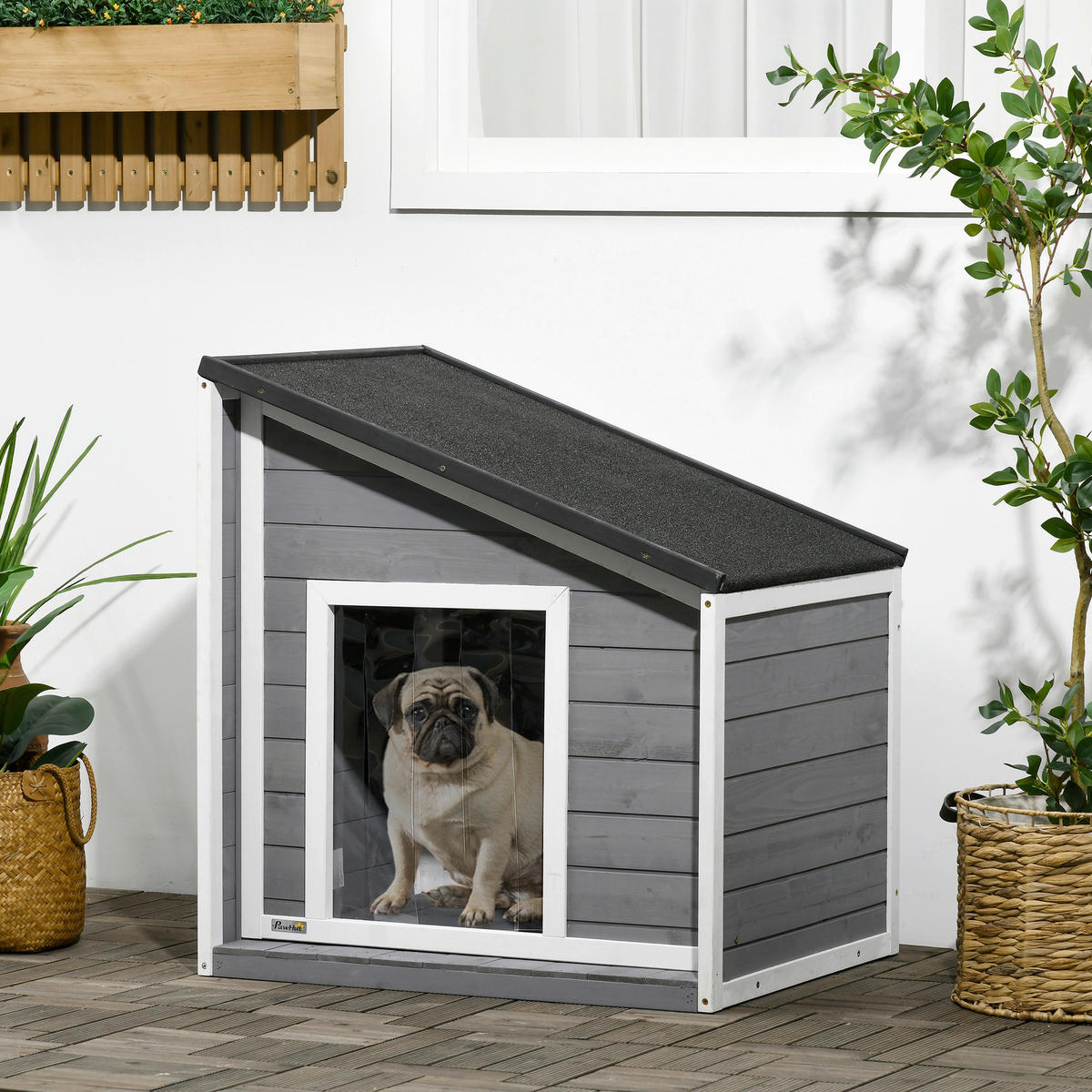 PawHut Hunde-Zubehör weiß Holz B/H/L: ca. 58x71x77 cm Hundehütte - weiß/schwarz (77,00/58,00/71,00cm) - PawHut