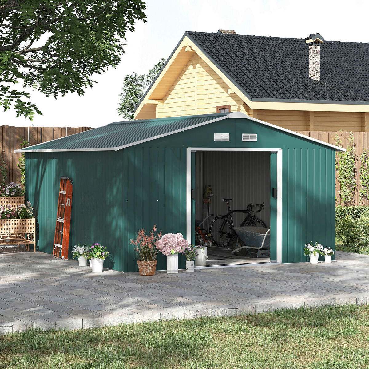 Outsunny Gerätehaus dunkelgrün Stahl B/H/L: ca. 386x200x340 cm Gerätehaus - dunkelgrün (340,00/386,00/200,00cm) - Outsunny