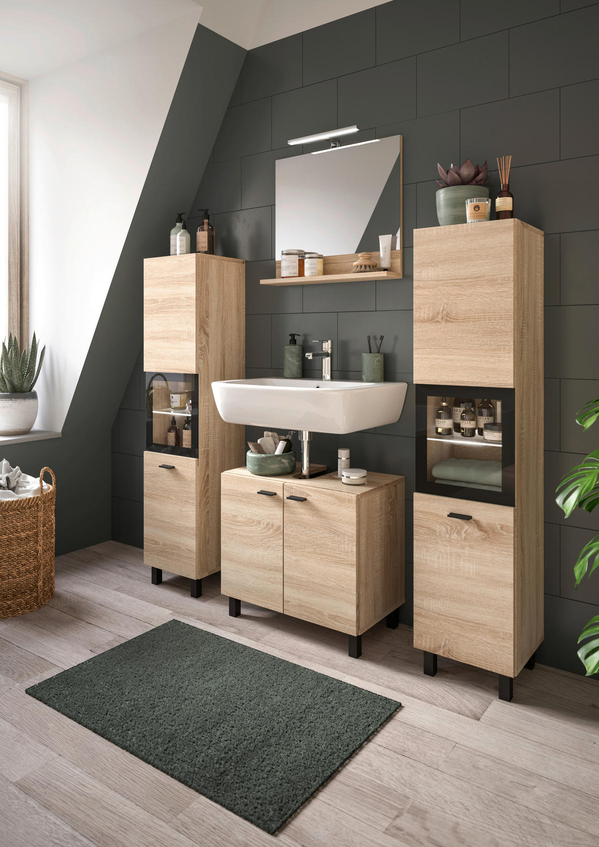 Badezimmer-Set BOSTON Eiche Sonoma Nachbildung schwarz B/H/T: ca. 137x186x33 cm BOSTON - Eiche/schwarz (137,00/186,00/33,00cm) - xonox.home