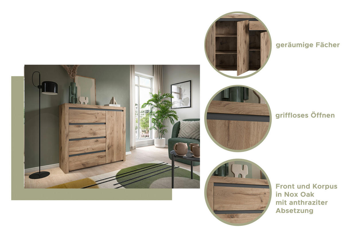 Kommode Woody Nox Oak Nachbildung anthrazit B/H/T: ca. 116x105x37 cm Woody - anthrazit (116,00/105,00/37,00cm)
