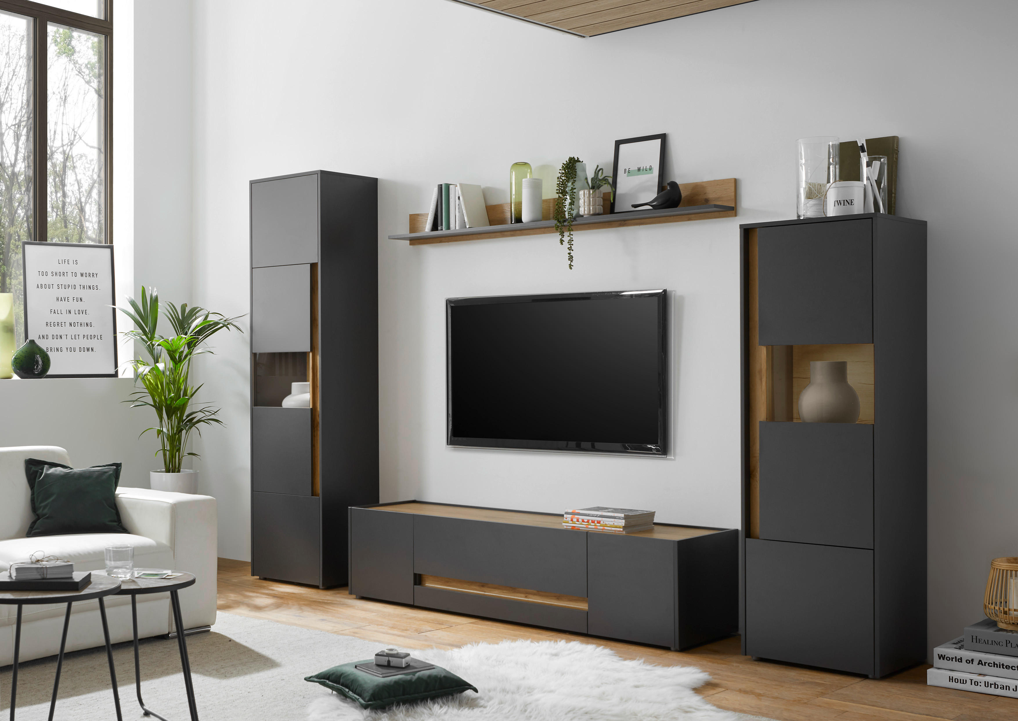 Standvitrine City Eiche Wotan Nachbildung anthrazit B/H/T: ca. 50x197x40 cm City - Eiche/anthrazit (50,00/197,00/40,00cm)