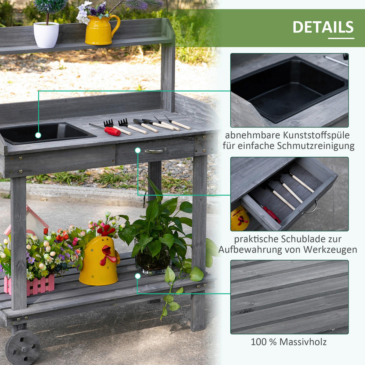 Outsunny Pflanztisch mit Rollen grau B/H/L: ca. 45x119x92 cm Gärtnertisch 845-460GY - grau (92,00/45,00/119,00cm) - Outsunny