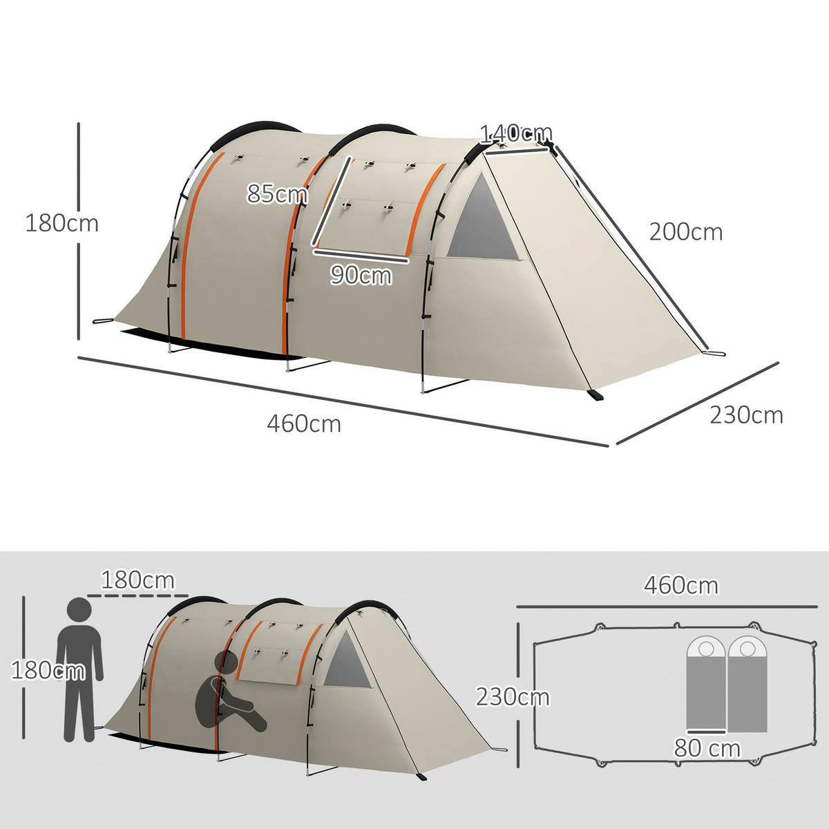 Outsunny Campingzelt B/H/L: ca. 230x180x460 cm Campingzelt - khaki (460,00/230,00/180,00cm) - Outsunny