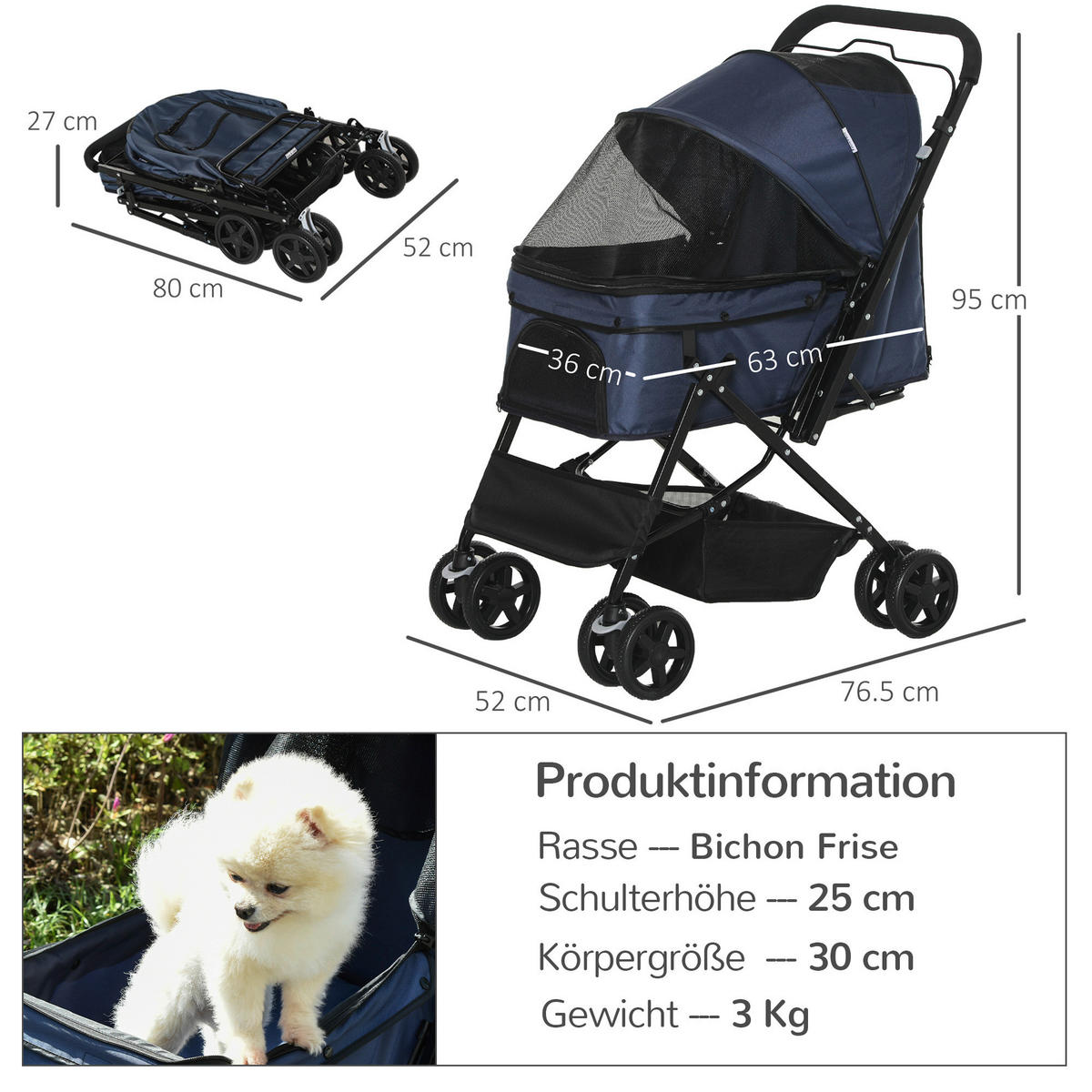 PawHut Hunde-Zubehör blau Polyester B/H/L: ca. 52x76,5x95 cm Hundebuggy - blau (95,00/52,00/76,50cm) - PawHut