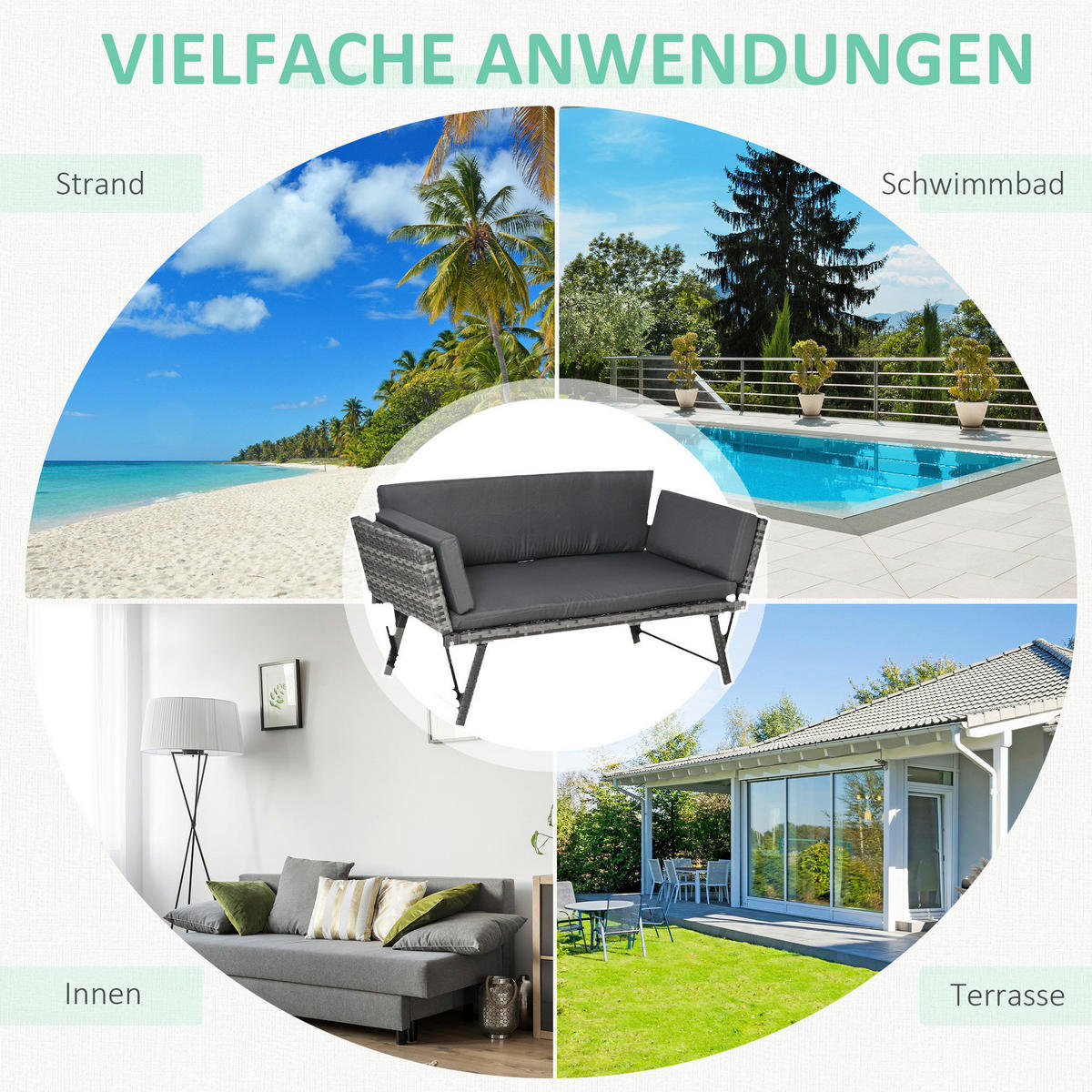 Outsunny Gartensofa grau Polyrattan B/H/L: ca. 63x129x67 cm Rattansofa - grau (67,00/63,00/129,00cm) - Outsunny