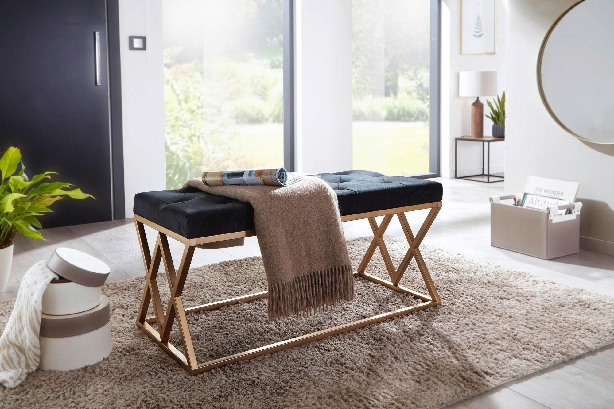 Sitzbank schwarz gold lackiert Samt Edelstahl B/H/T: ca. 90x46x44 cm Sitzbank - gold/schwarz (90,00/46,00/44,00cm) - Wohnling