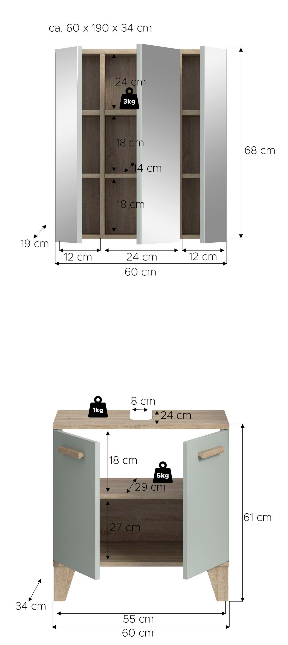 Badezimmer-Set STAR hellgrün Eiche hell Nachbildung B/H/T: ca. 60x190x34 cm STAR - hellgrün (60,00/190,00/34,00cm) - xonox.home