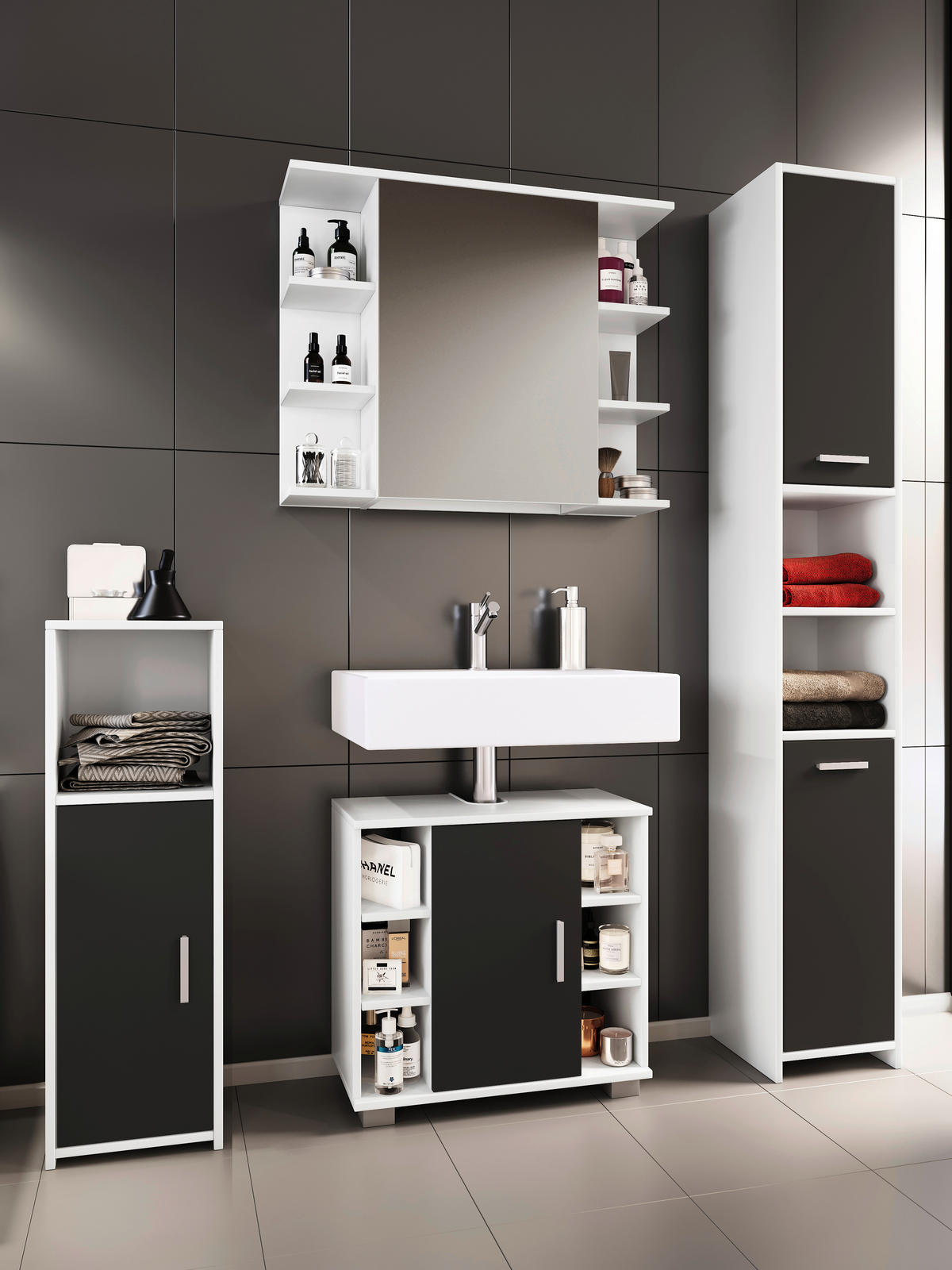 Badezimmer-Set Zalo weiß schwarz B/H/T: ca. 140x180x30 cm Zalo - weiß/schwarz (140,00/180,00/30,00cm) - VCM Möbel