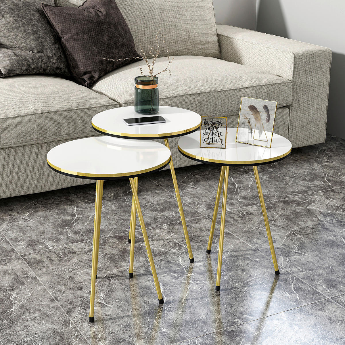 Beistelltisch 3er-Set. 21696306 weiß gold Optik Metall B/H/T: ca. 38x53,5x38 cm 3er-Set. 21696306 - gold/weiß (38,00/53,50/38,00cm) - moebel17