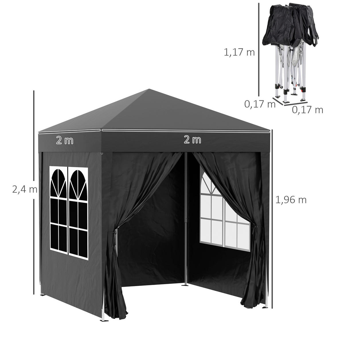 Outsunny Faltpavillon schwarz Stoff B/H/L: ca. 200x240x200 cm Faltpavillon - schwarz (200,00/200,00/240,00cm) - Outsunny
