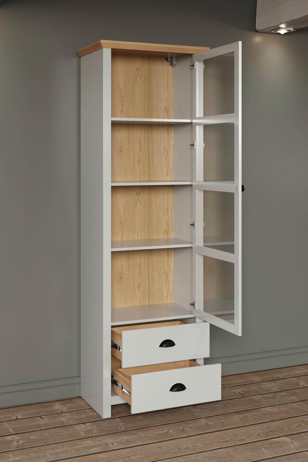 Standvitrine Landside Lichtgrau Eiche Artisan Nachbildung B/H/T: ca. 65x201x41 cm Landside - Lichtgrau/Eiche (65,00/201,00/41,00cm) - Trendteam