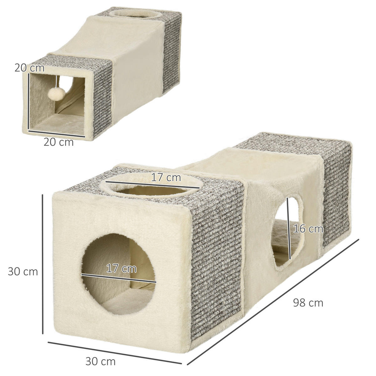 PawHut Katzen-Zubehör beige Spanplatte B/H/L: ca. 30x98x30 cm Katzentunnel - beige/braun (30,00/30,00/98,00cm) - PawHut