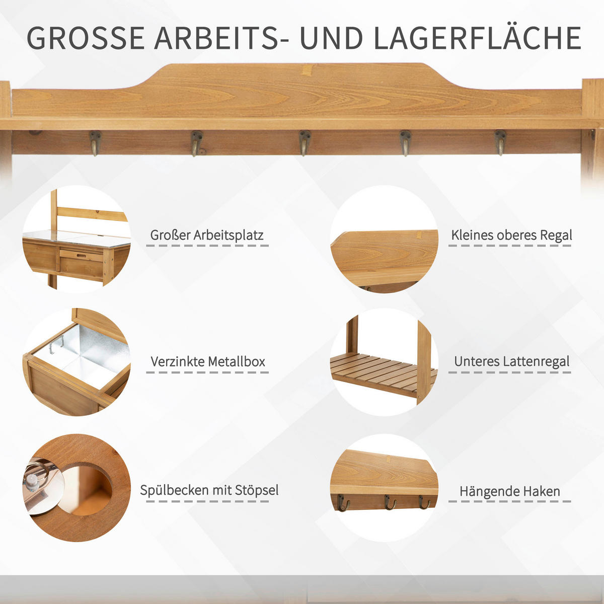 Outsunny Pflanztisch mit Haken natur B/H/L: ca. 42x142x80 cm Pflanztisch 845-375 - natur (80,00/42,00/142,00cm) - Outsunny