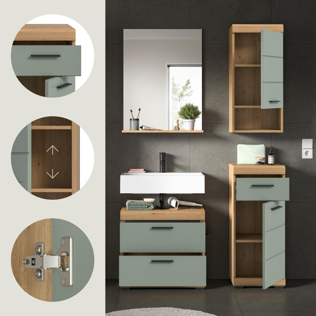 Badezimmer-Set Scout Eiche Artisan Nachbildung salbei Nachbildung B/H/T: ca. 112x191x37 cm Scout - Eiche/salbei (112,00/191,00/37,00cm) - xonox.home