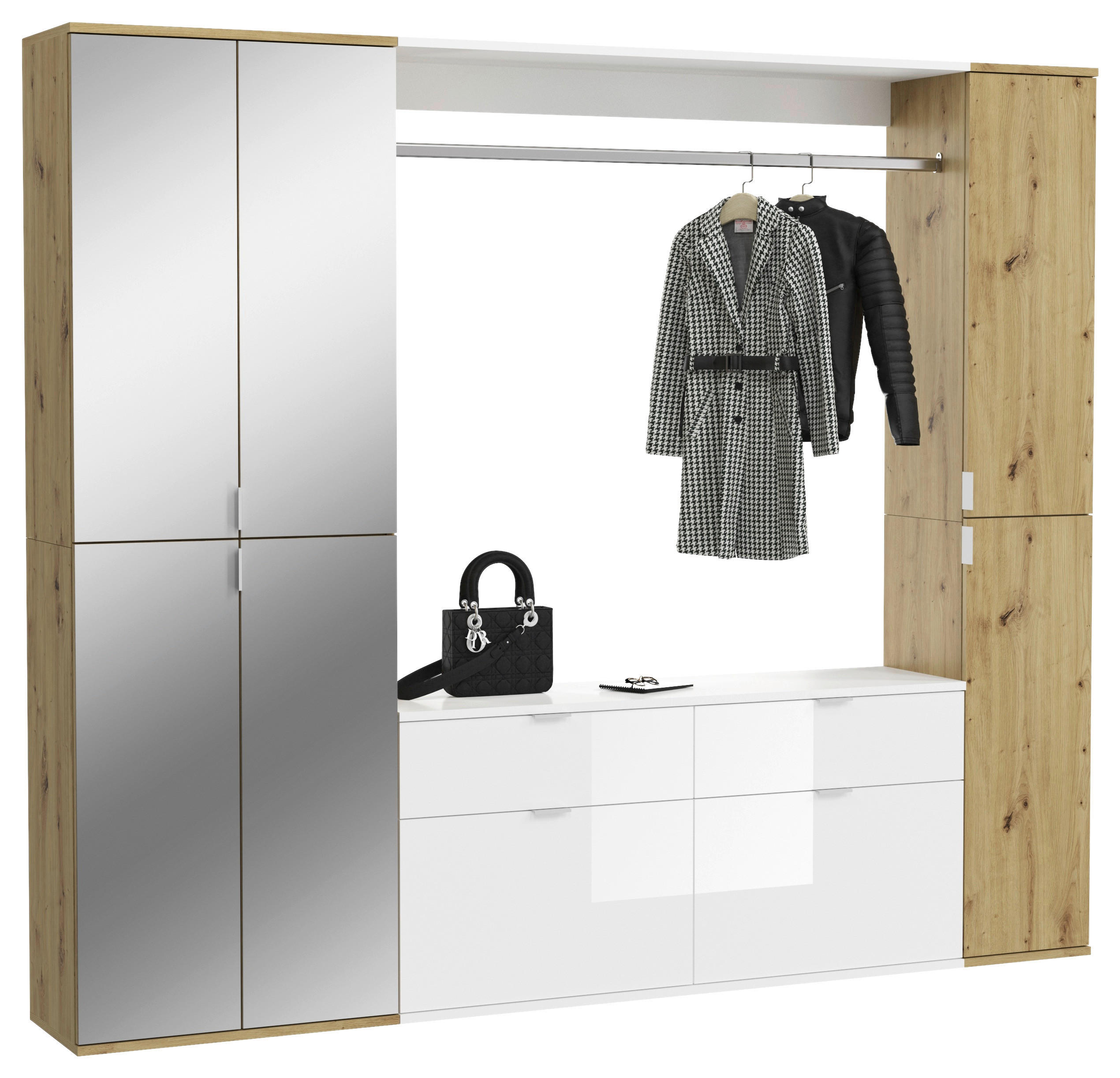 Garderobe PROJEKT Eiche Artisan Nachbildung weiß Hochglanz Spiegel B/H/T: ca. 212x193x34 cm PROJEKT - Eiche/weiß (212,00/193,00/34,00cm) - xonox.home