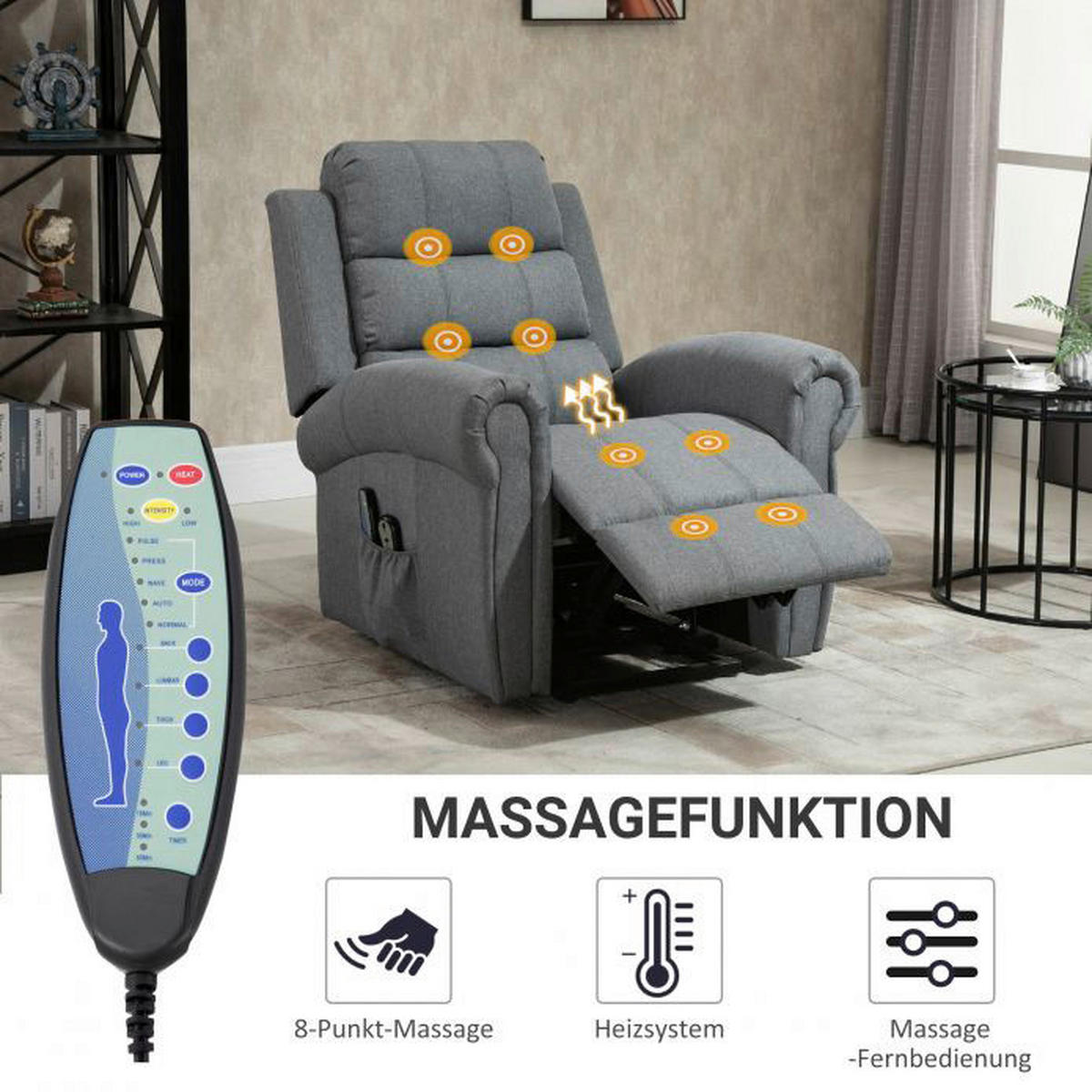 HOMCOM Massagesessel 700-095 grau Polyester-Mischgewebe Holz Metall Schaumstoff B/H/T: ca. 94x104x96 cm ca. 50 W Massagesessel 700-095 - grau (94,00/104,00/96,00cm) - HOMCOM