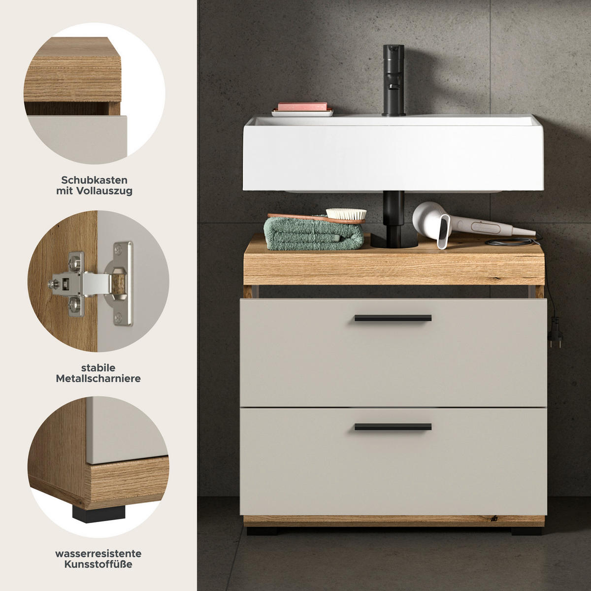 Waschbeckenunterschrank Scout Evoke Oak Nachbildung Kaschmirgrau Nachbildung B/H/T: ca. 60x56x34 cm Scout - Kaschmirgrau (60,00/56,00/34,00cm) - xonox.home