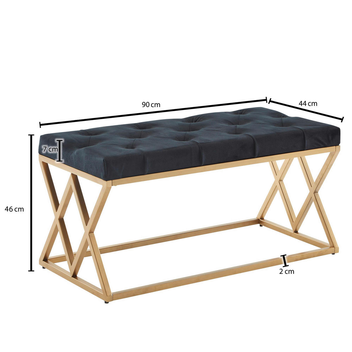 Sitzbank schwarz gold lackiert Samt Edelstahl B/H/T: ca. 90x46x44 cm Sitzbank - gold/schwarz (90,00/46,00/44,00cm) - Wohnling