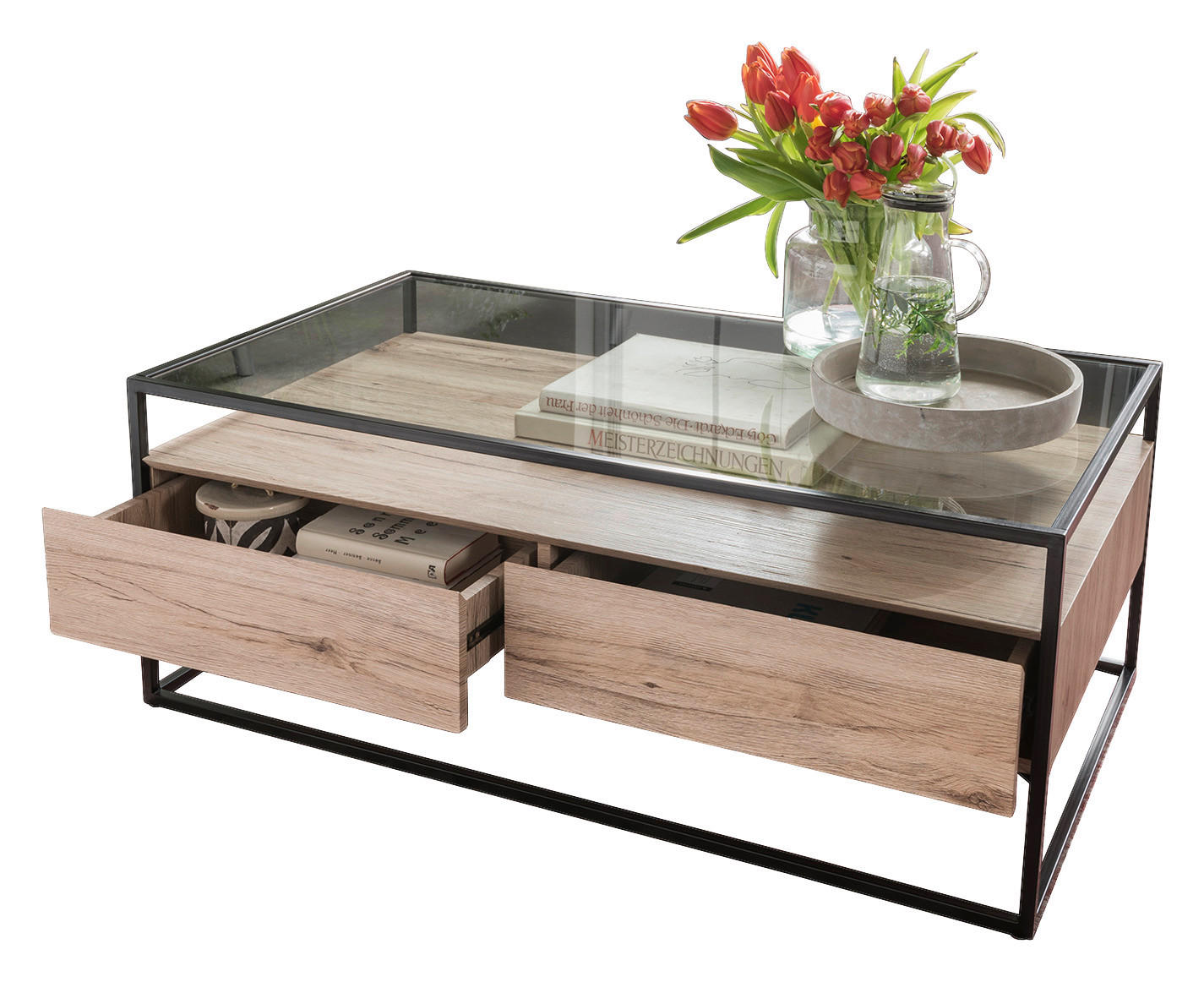 Couchtisch Bozen II glasklar Eiche Sonoma Nachbildung schwarz B/H/T: ca. 110x42x60 cm Bozen II - Eiche/schwarz (110,00/42,00/60,00cm)