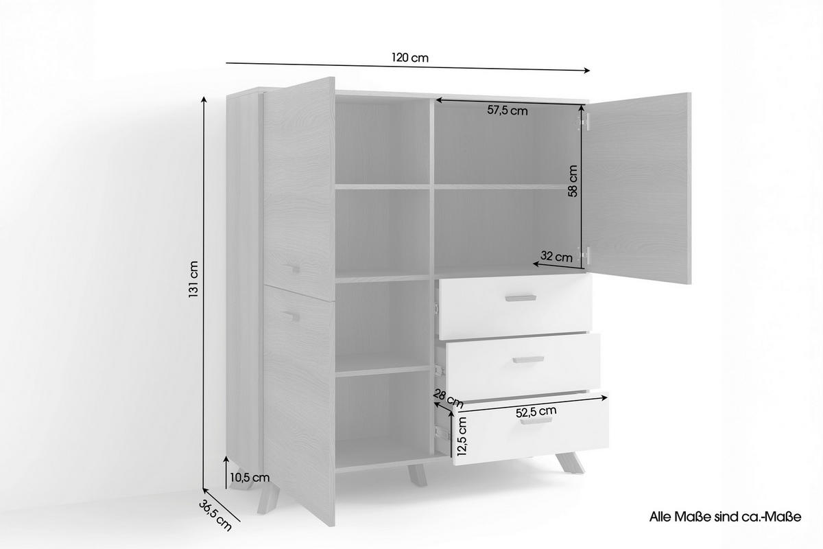 Highboard BASTIAN Eiche weiß B/H/T: ca. 120x131x36,5 cm BASTIAN - Eiche/weiß (120,00/131,00/36,50cm) - byLIVING