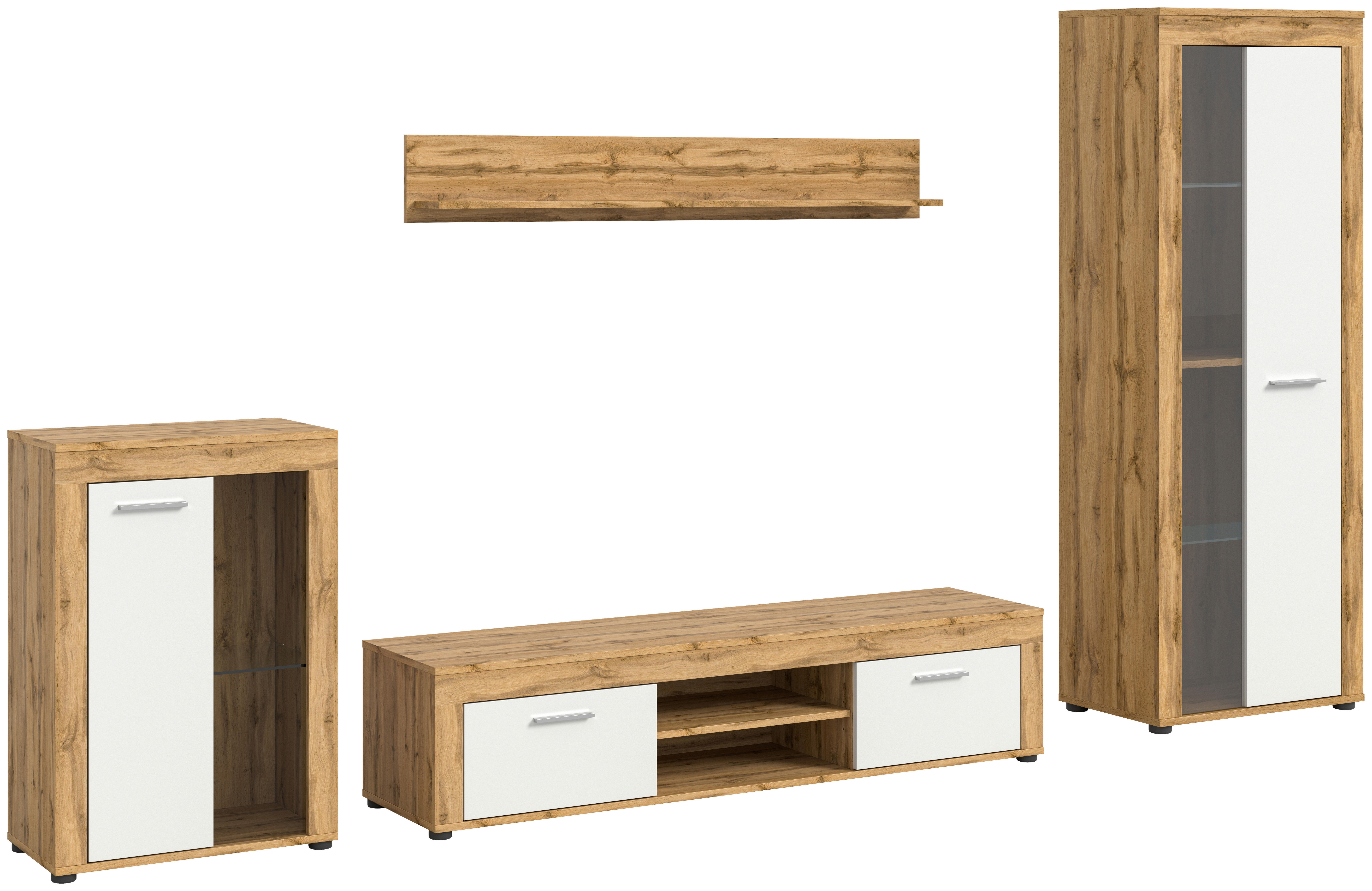 Wohnwand Jam Eiche Wotan Nachbildung weiß B/H/T: ca. 310x169x35 cm Jam - Eiche/weiß (310,00/169,00/35,00cm) - xonox.home