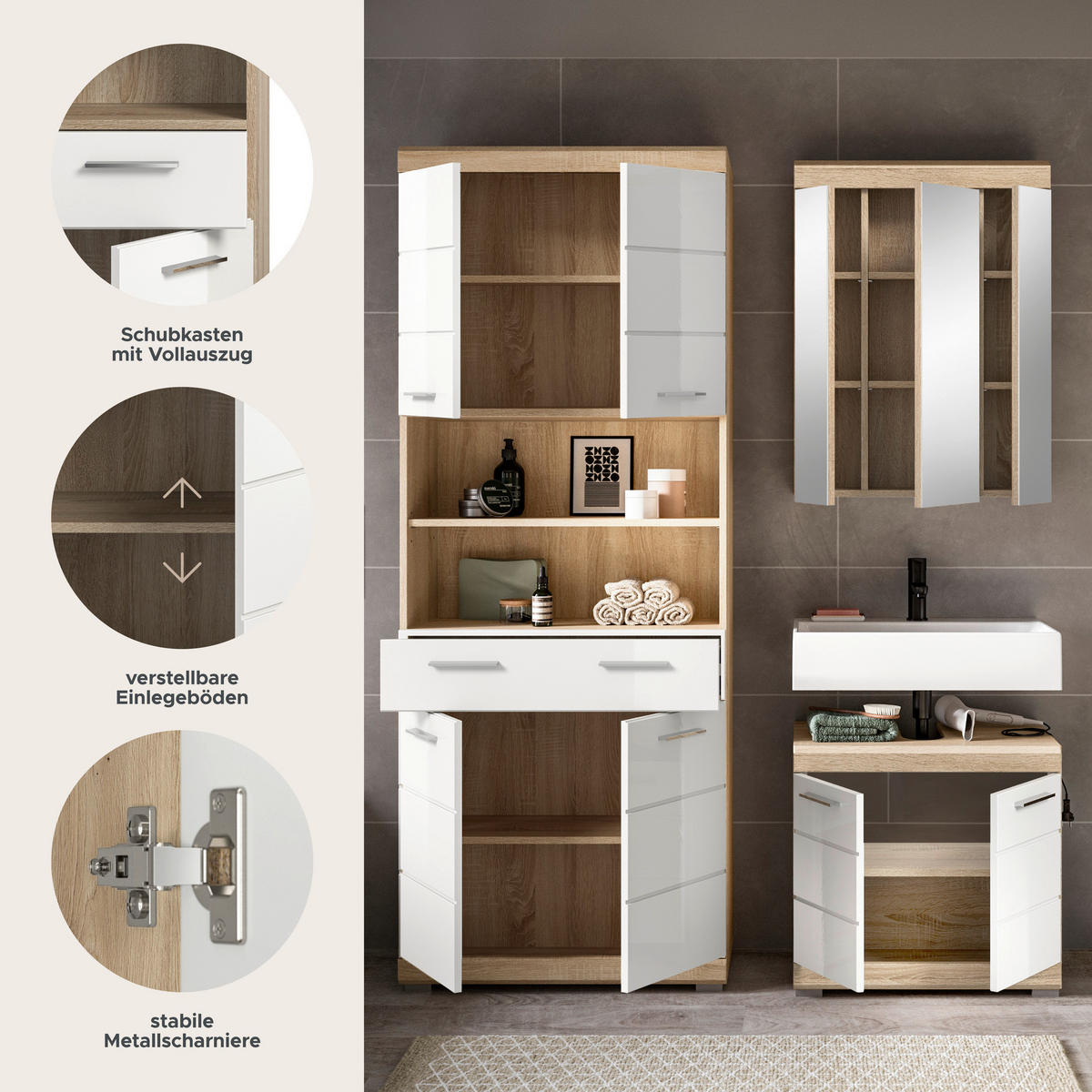 Badezimmer-Set Lambada Eiche Sonoma Nachbildung weiß Hochglanz B/H/T: ca. 149x34x191 cm Lambada - Eiche/weiß (149,00/34,00/191,00cm) - xonox.home