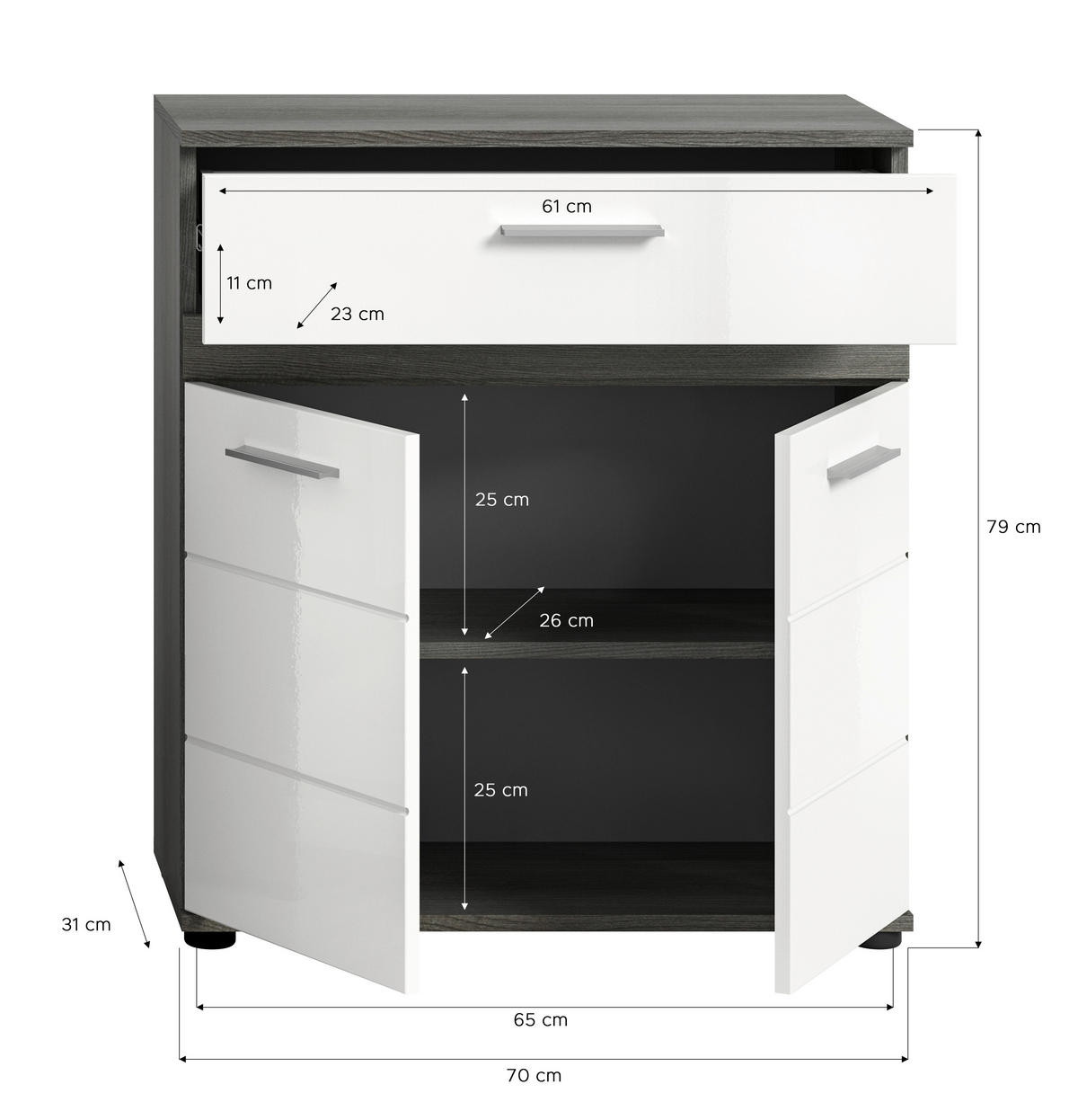 Midischrank BLAKE Rauchsilber Nachbildung weiß Hochglanz B/H/T: ca. 71x79x31 cm BLAKE - weiß (71,00/79,00/31,00cm) - xonox.home