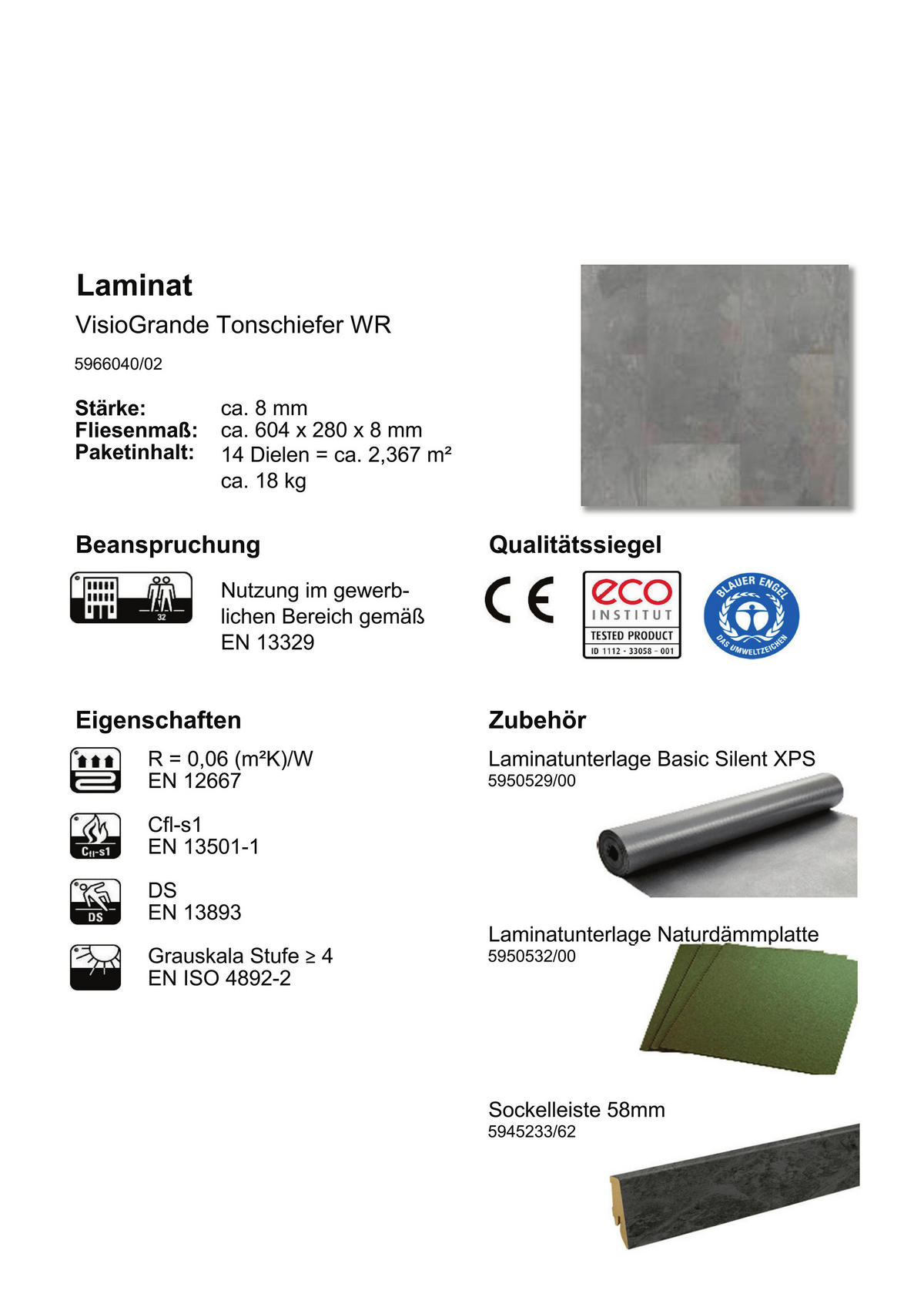 Visiogrande Laminatboden Tonschiefer ca. 2,367 m² im Paket  B/L: ca. 28x60,4 cm pro Paket Tonschiefer ca. 2,367 m² im Paket - Tonschiefer (28,00/60,40cm) - Visiogrande