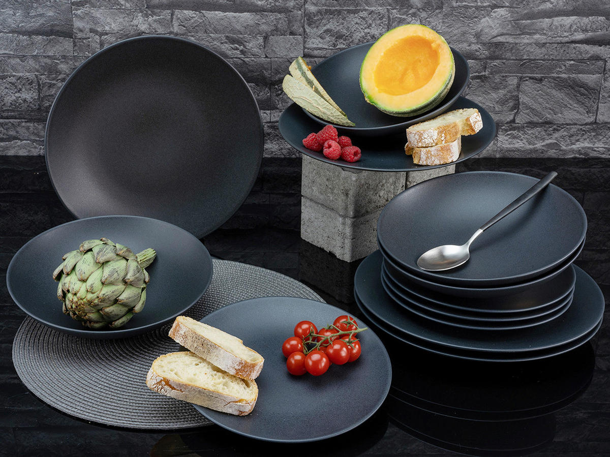 CreaTable Tafelservice Soft Touch mattschwarz Keramik 12 tlg. Soft Touch - mattschwarz - CreaTable
