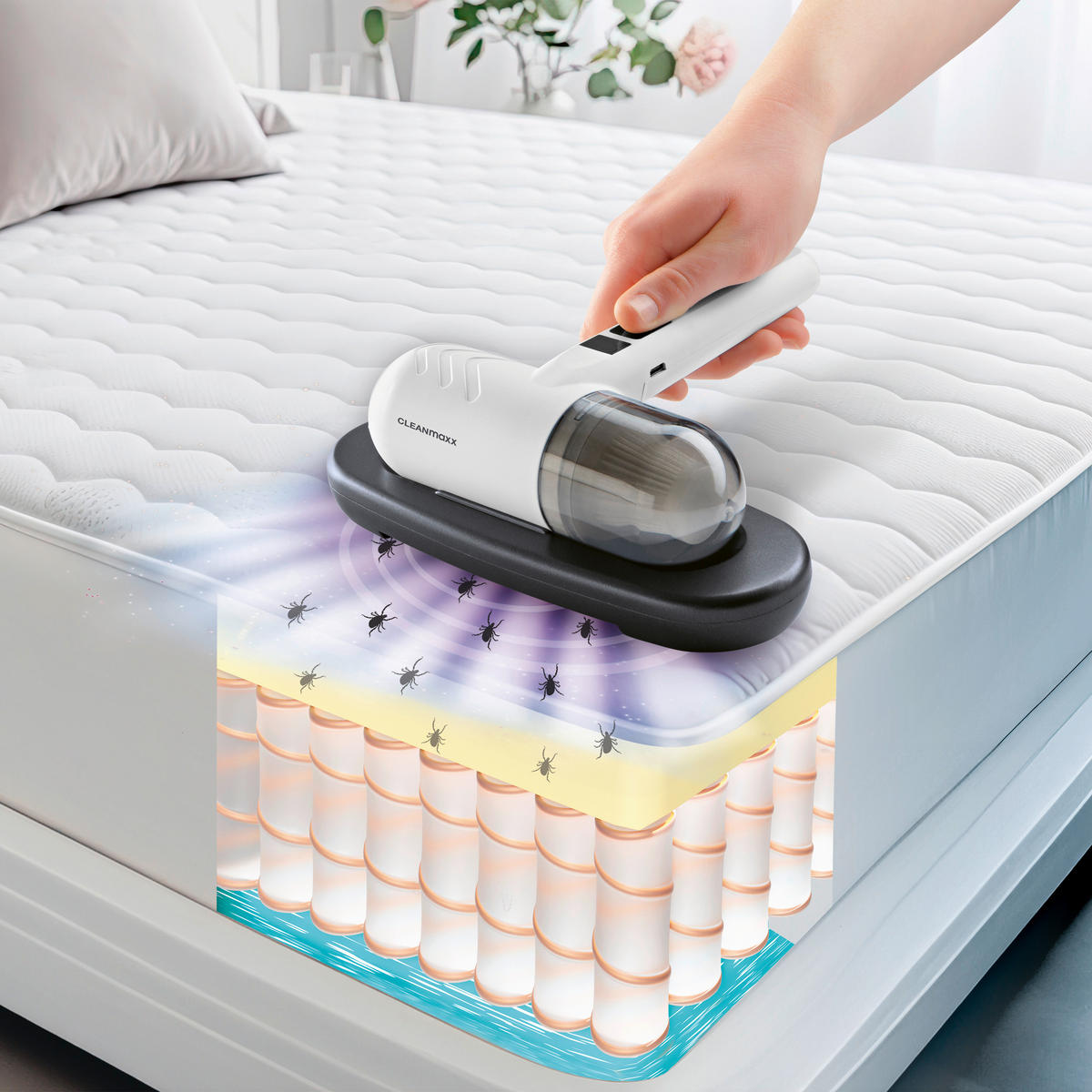 CLEANmaxx Handstaubsauger grau weiß Kunststoff B/H/L: ca. 17,7x7,7x22 cm Akku-Milbensauger 15440 - weiß/grau (22,00/17,70/7,70cm) - CLEANmaxx