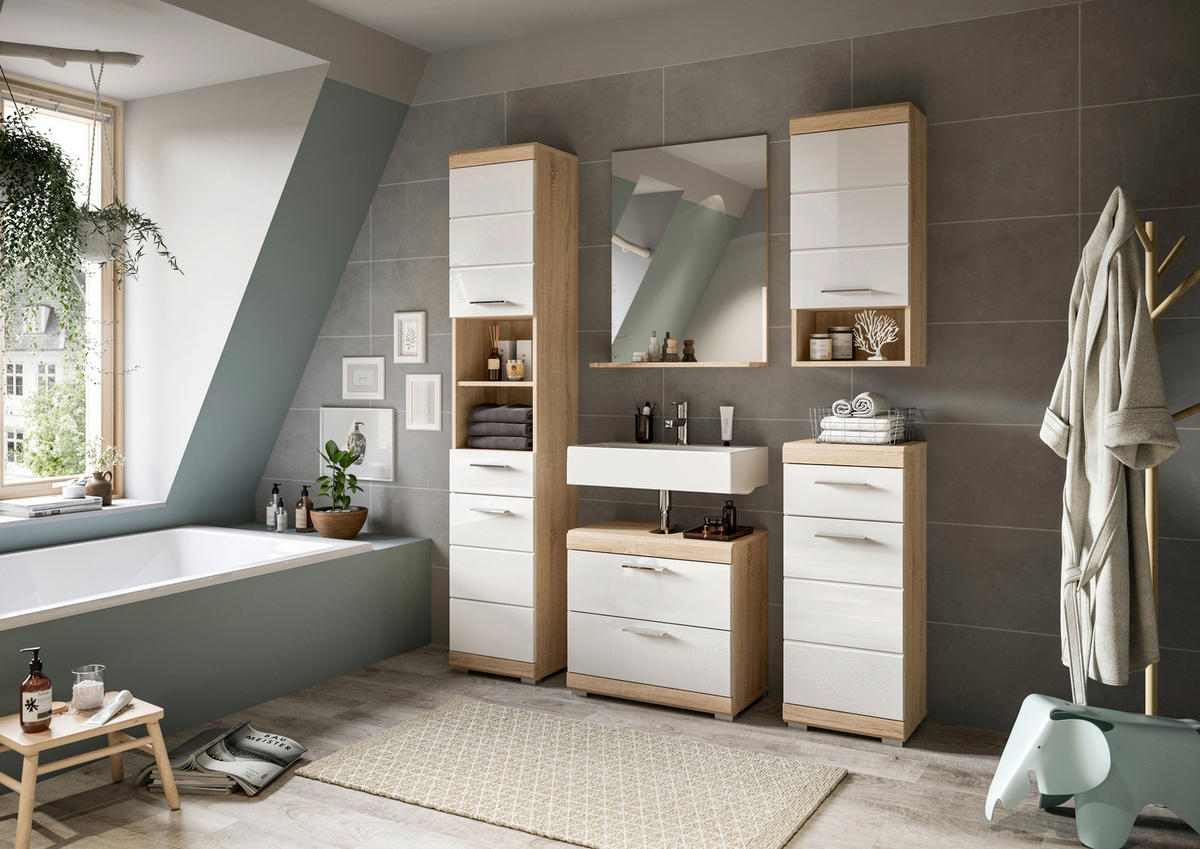 Badezimmer-Set Lambada Eiche Sonoma Nachbildung weiß Hochglanz B/H/T: ca. 112x191x37 cm Lambada - Eiche/weiß (112,00/191,00/37,00cm) - xonox.home