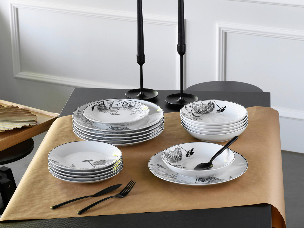 CreaTable Tafelservice Luna Black Flower weiß Porzellan 18 tlg. Luna Black Flower - weiß - CreaTable