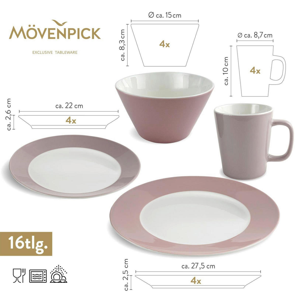 Mövenpick Kombiservice Montreux rosa Porzellan 16 tlg. Montreux - weiß/rosa - Mövenpick
