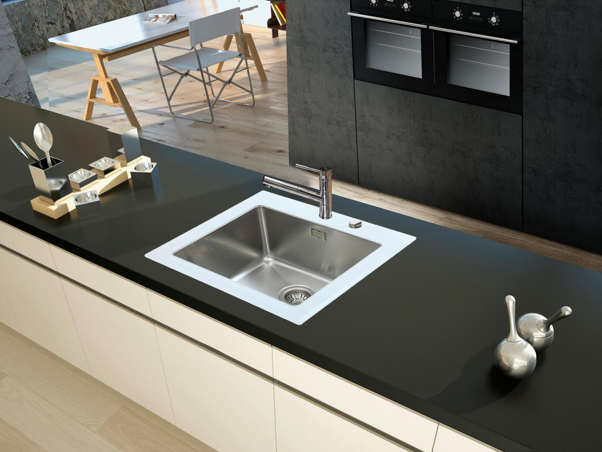 Respekta Einbauspüle New York 55 x 53 W weiß Glas Edelstahl B/H/T: ca. 55x21x53 cm New York 55 x 53 W - weiß (55,00/21,00/53,00cm) - Respekta