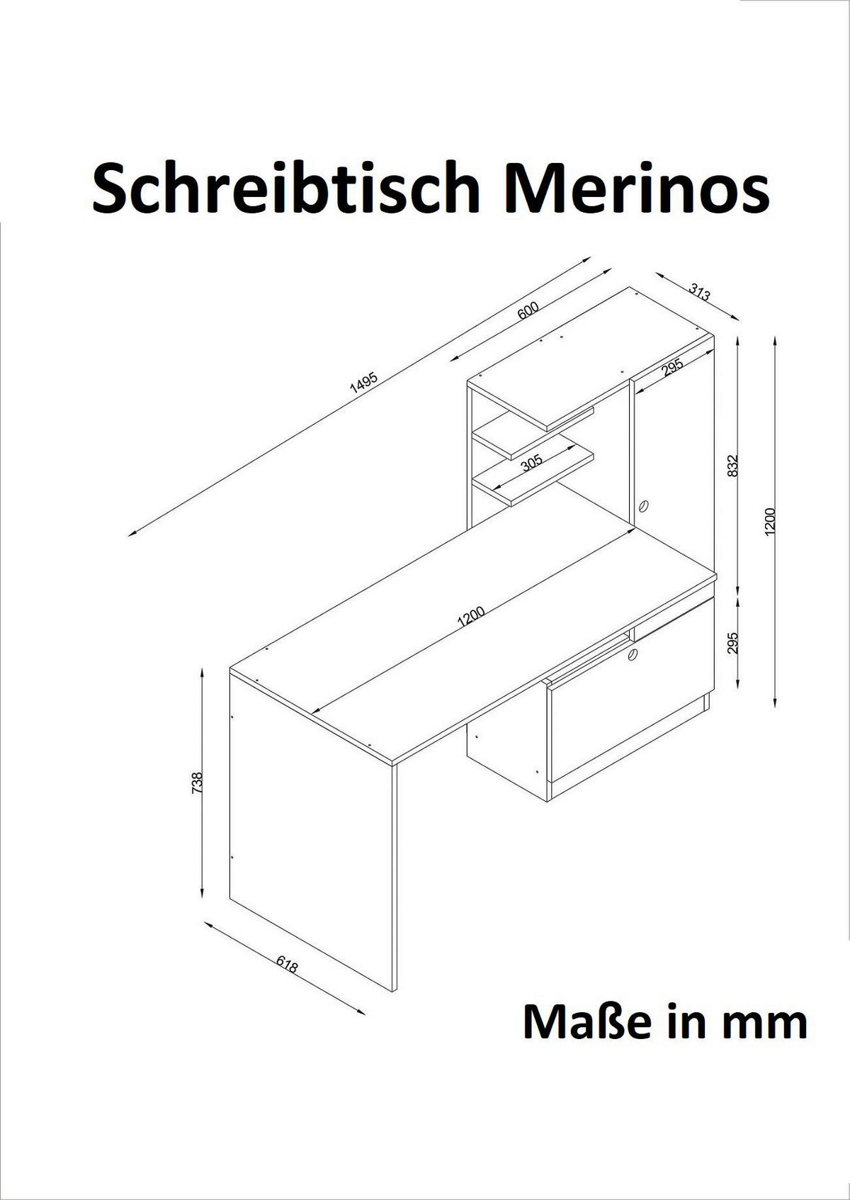 Schreibtisch Merinos weiß B/H/T: ca. 150x120x62 cm Merinos - weiß (150,00/120,00/62,00cm) - moebel17