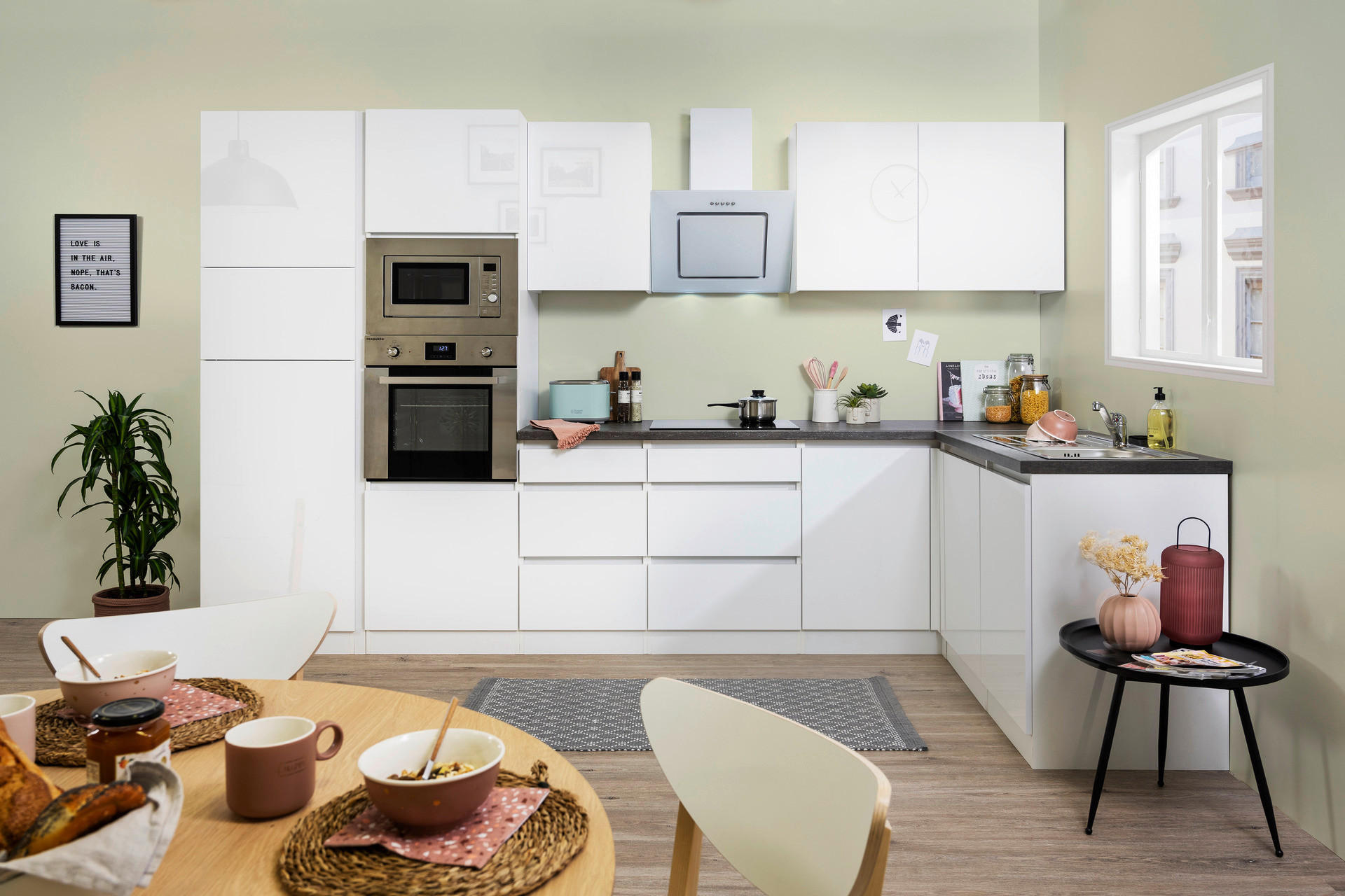 Respekta Küchenblock Premium weiß hochglänzend B/H/T: ca. 345x220,5x172 cm Premium - weiß/granit (345,00/220,50/172,00cm) - Respekta