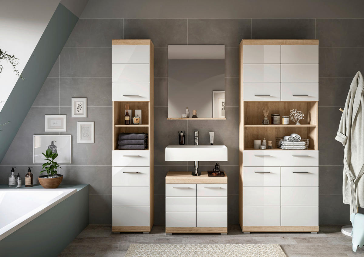 Badhochschrank Lambada Eiche Sonoma Nachbildung weiß Hochglanz B/H/T: ca. 74x191x31 cm Lambada - Eiche/weiß (74,00/191,00/31,00cm) - xonox.home