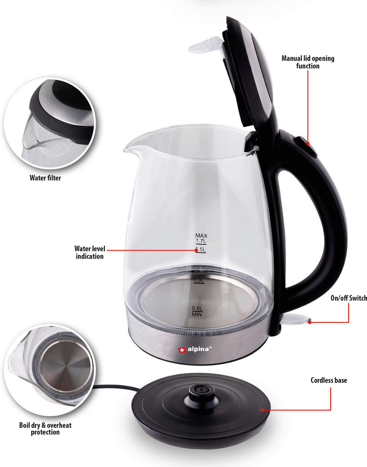 Alpina Glaswasserkocher schwarz Glas Edelstahl ca. 1,7 l Wasserkocher_Glas - schwarz (1,70l) - Alpina