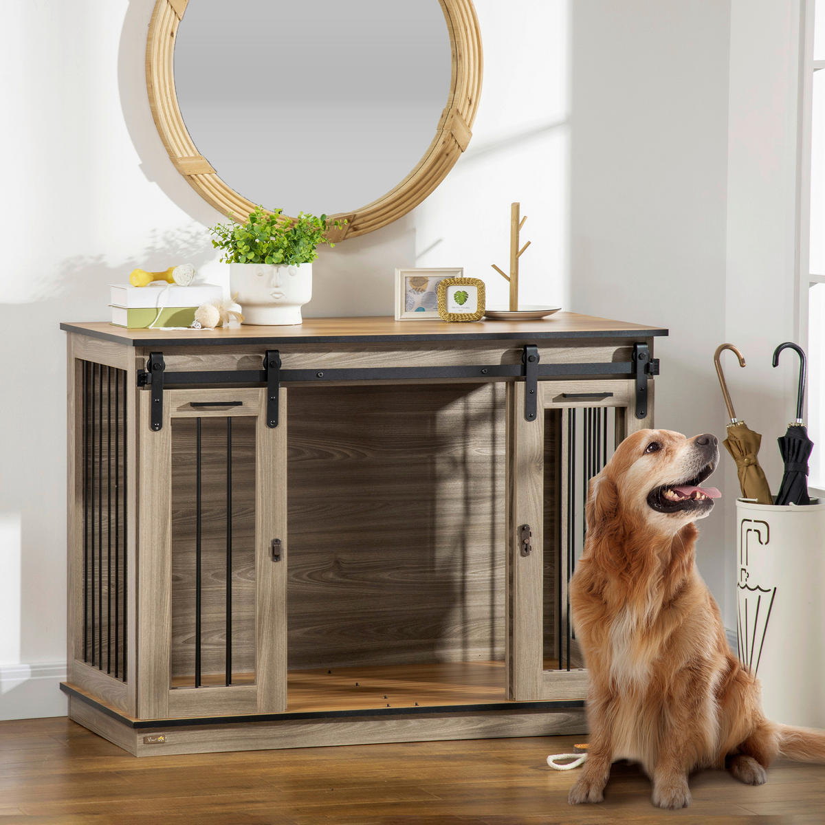 PawHut Hunde-Zubehör Eiche Polypropylen B/H/L: ca. 60x120x88,5 cm Hundekäfig - Eiche (88,50/60,00/120,00cm) - PawHut