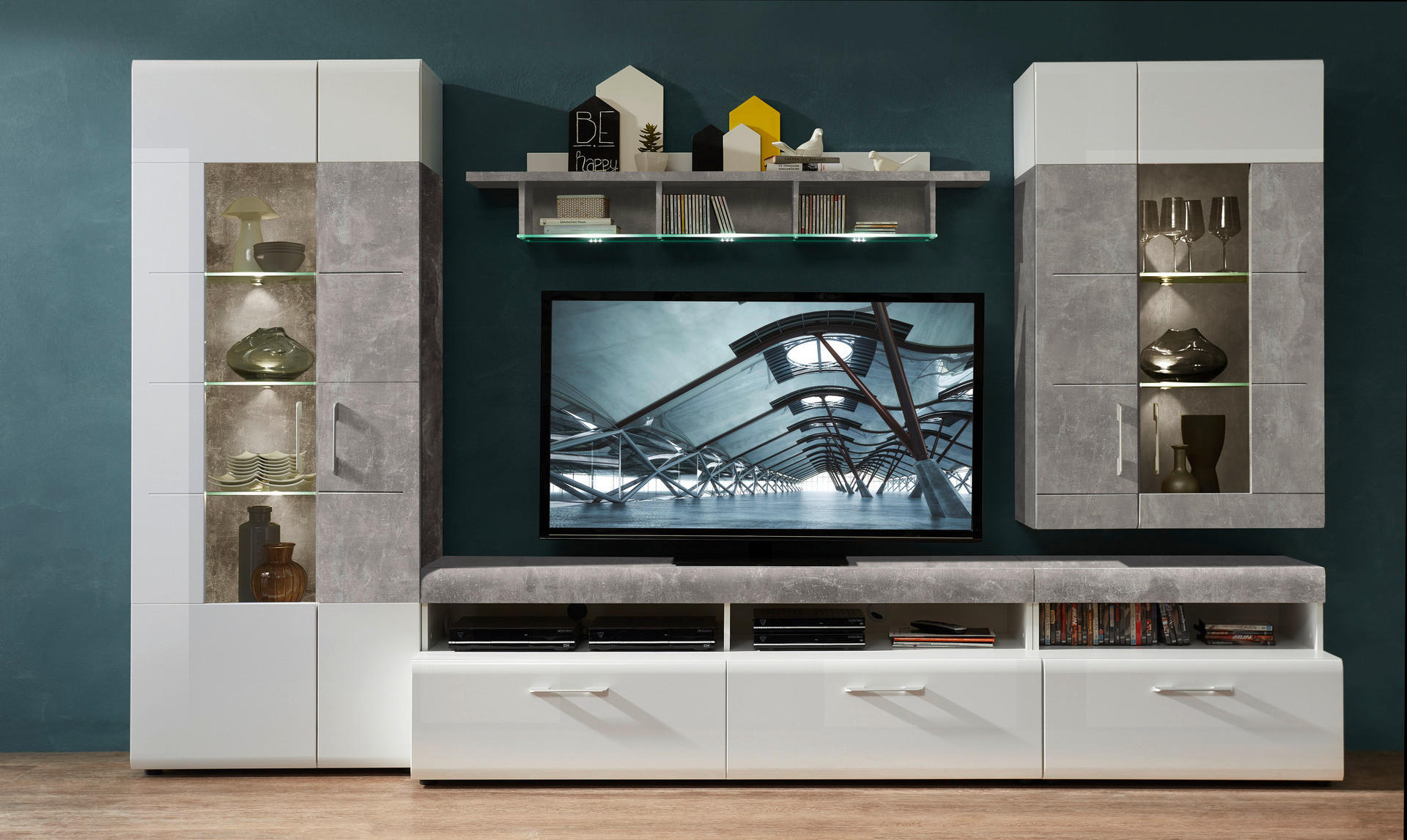 Wohnwand Spirit weiß weiß Hochglanz Sandeiche Nachbildung B/H/T: ca. 330x209x52 cm Spirit - weiß (330,00/209,00/52,00cm)