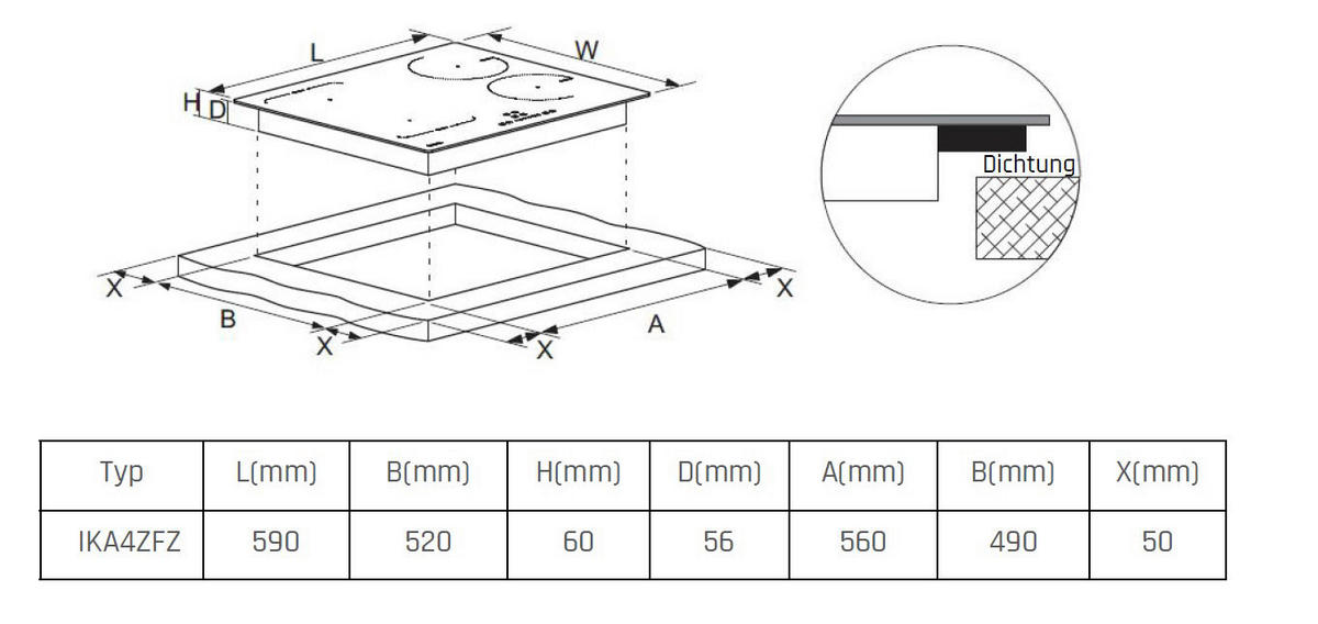 Mican Induktionskochfeld IKA4ZFZ schwarz Schwarzglas B/H/T: ca. 59x5,5x52 cm IKA4ZFZ - schwarz (59,00/5,50/52,00cm) - Mican
