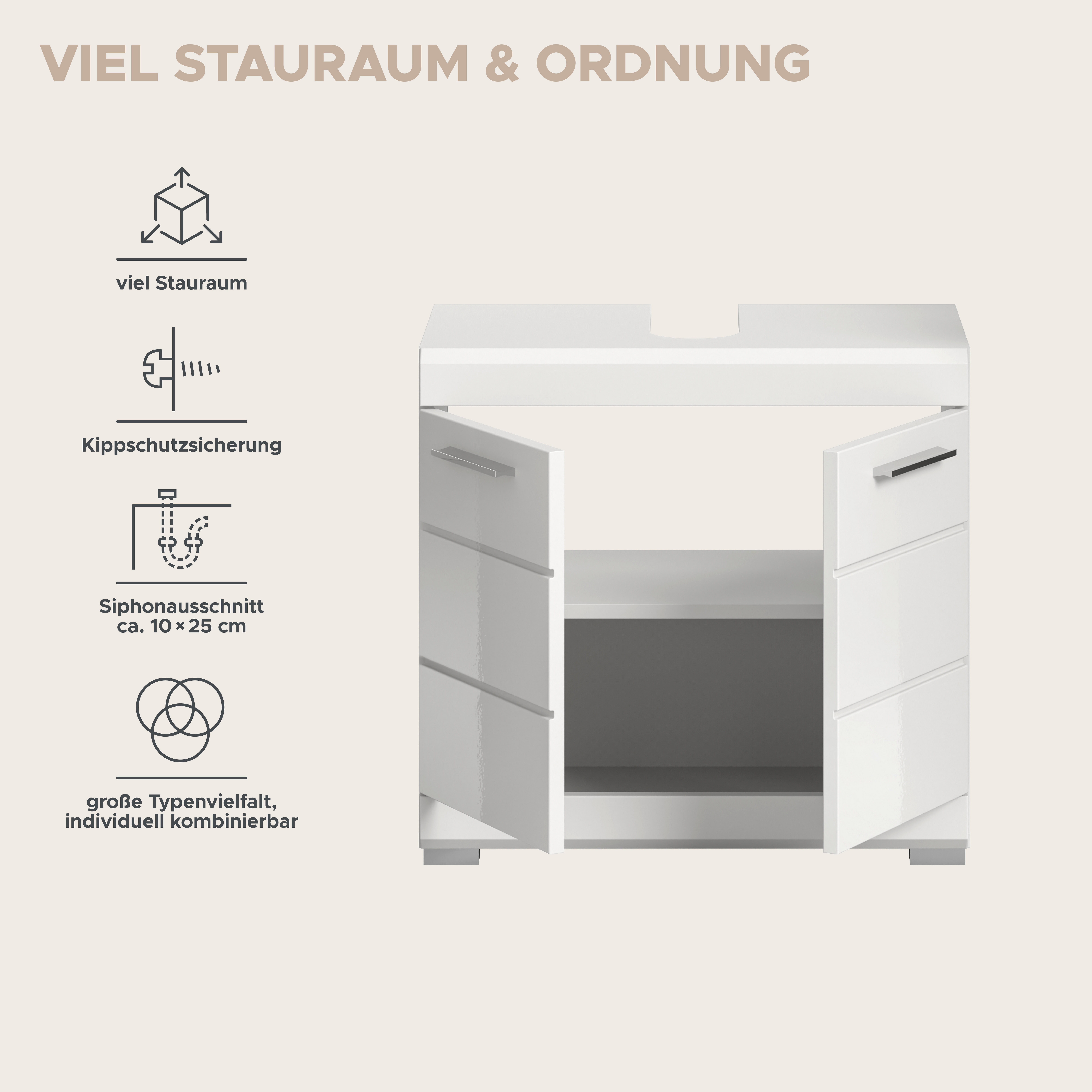 Thumbnail - Waschbeckenunterschrank Scout weiß weiß Hochglanz B/H/T: ca. 60x56x34 cm