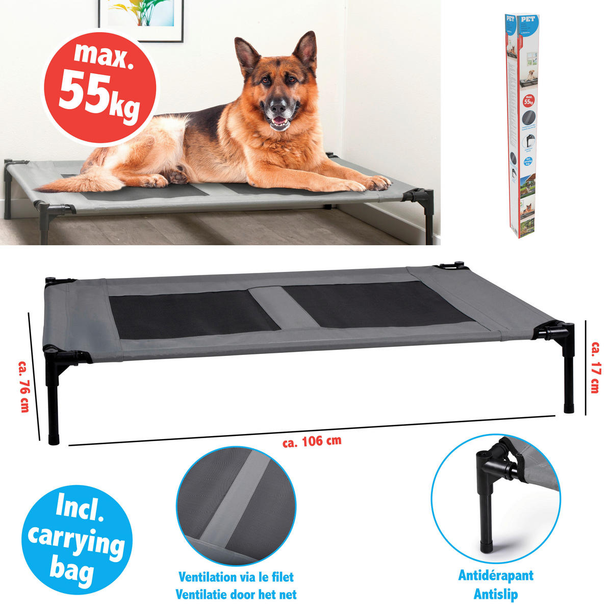 Pet Comfort Haustierbett grau Polyester B/H/L: ca. 106x17x76 cm Erhöhtes_Haustierbett_L - grau (76,00/106,00/17,00cm) - Pet Comfort