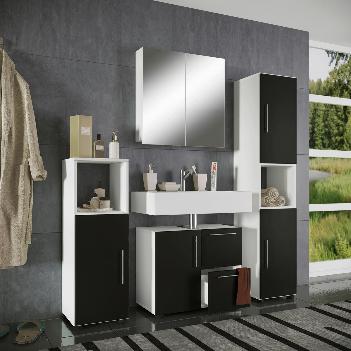 Badezimmer-Set Flandu weiß schwarz B/H/T: ca. 123x160x32 cm Flandu - weiß/schwarz (123,00/160,00/32,00cm) - VCM Möbel