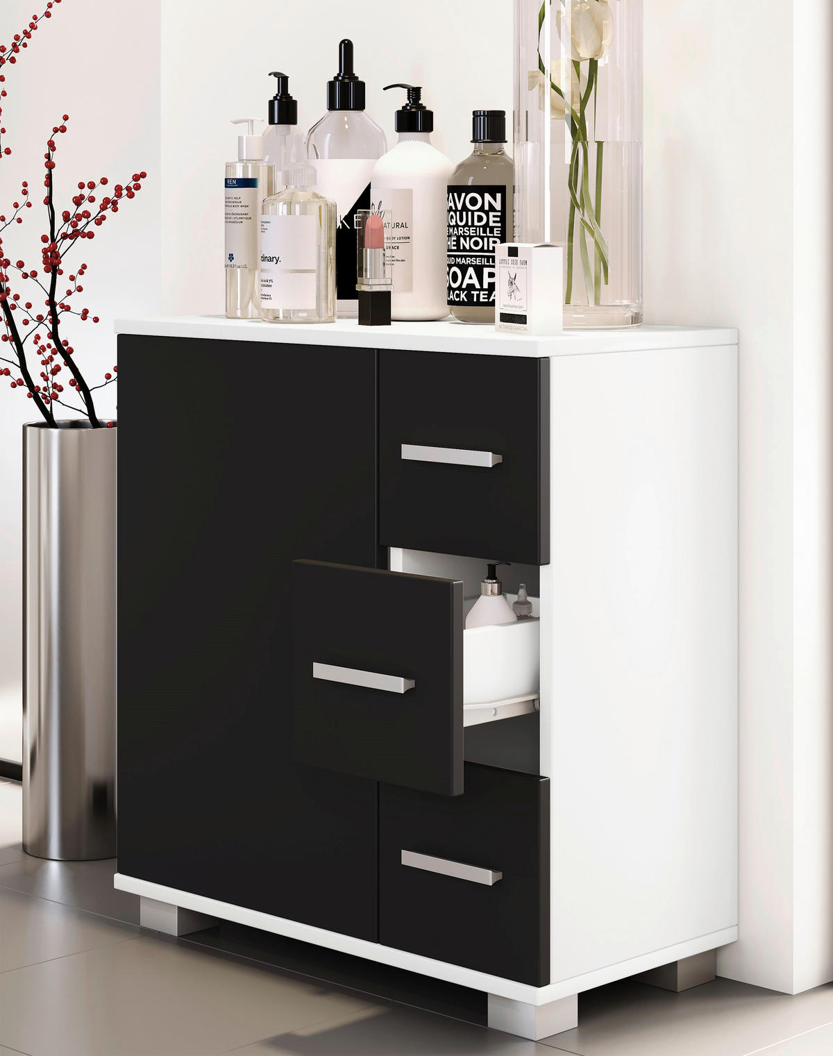 Midischrank Zalo weiß schwarz B/H/T: ca. 60x65x30 cm Zalo - weiß/schwarz (60,00/65,00/30,00cm) - VCM Möbel