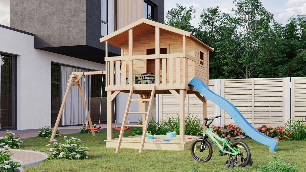 Karibu Stelzenhaus Ervin natur B/H/L: ca. 264x309x438 cm Ervin - blau/natur (438,00/264,00/309,00cm) - Karibu