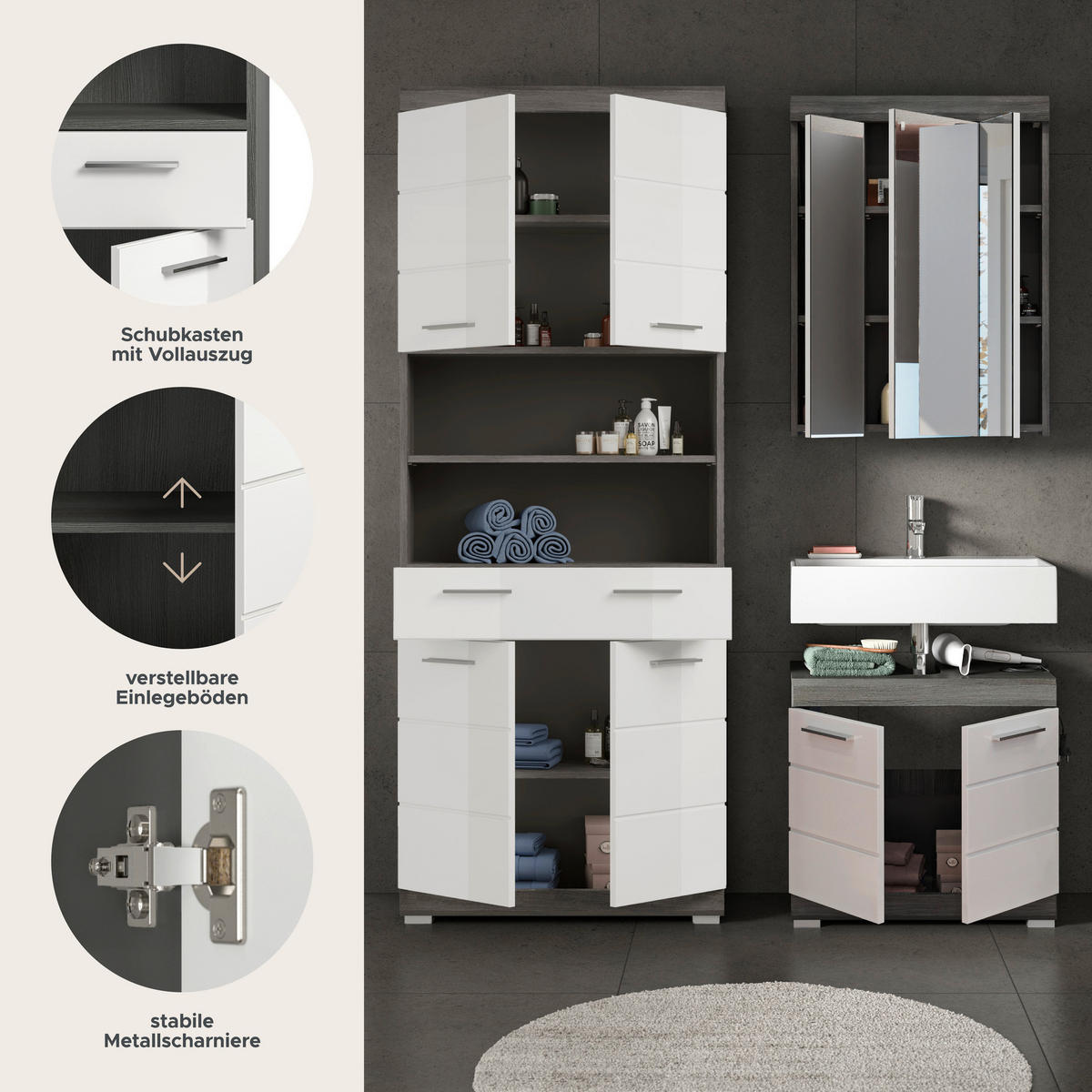 Badezimmer-Set Scout Rauchsilber Nachbildung weiß Hochglanz B/H/T: ca. 149x34x191 cm Scout - weiß (149,00/34,00/191,00cm) - xonox.home