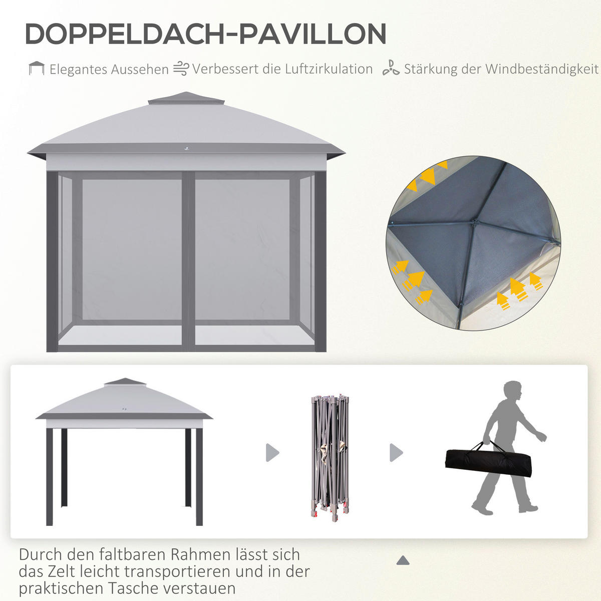 Outsunny Pavillon grau Metall B/H/L: ca. 330x288x330 cm Pavillon - grau (330,00/330,00/288,00cm) - Outsunny