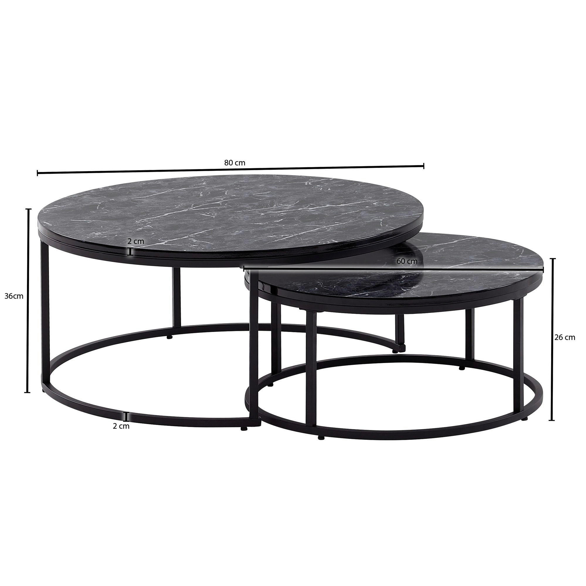 Couchtisch 2er-Set schwarz Marmor Optik schwarz lackiert 2er-Set - schwarz - Wohnling